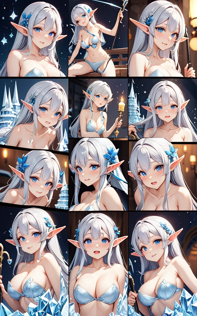 Highest quality、super high quality、16K,　Delicious breasts、Completely naked、Facial expressions are random、The location is a fantasy ice tower、 Hair color is silver hair、The pose is holding a cane、The distance is random、The angle is from the top、Small face、Very delicate facial expressions、Delicate eye depiction、Highly detailed hair、Erotic、18-year-old female、Glowing Skin、Soft Skin、Only Sexy Elf Women、Elf clothing is random、1 female、