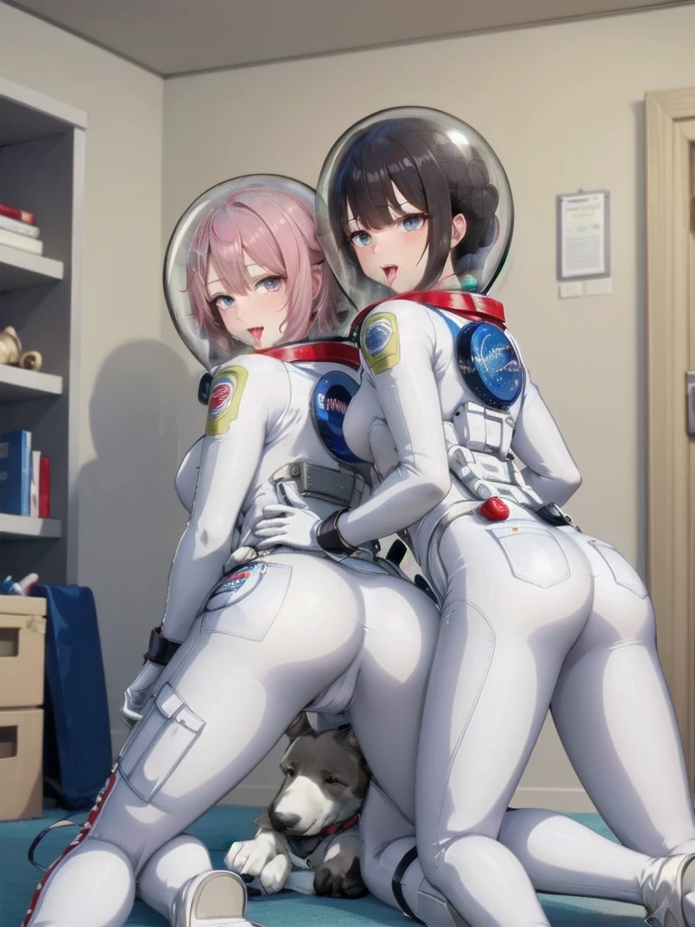 from behind,nude, room, doggystyle,, tongue out, saliva trail,
 space helmet, bubble helmet,, eva helm \space helmet, eva helm,wearing a (spacesuit:1.15), white cargo pants, astronaut),room, doggystyle, tongue out, 2girls, saliva trail