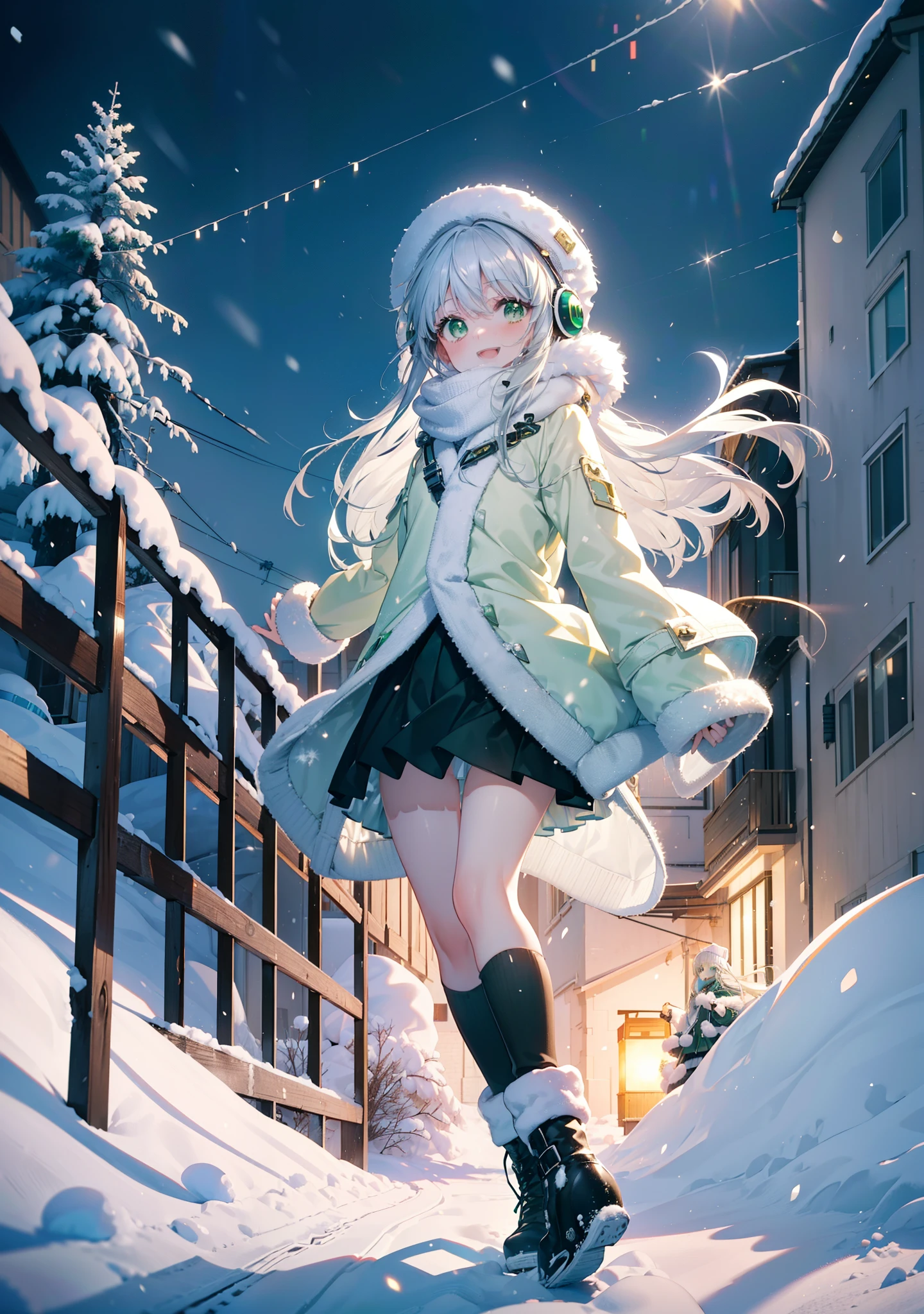 index, index, (Green Eyes:1.5), Silver Hair, Long Hair, (Flat Chest:1.2),happy smile, smile, Open your mouth,Knitted hat,Yellow long coat,White Tokkuri Sweater,Earmuffs,White scarf,Black long skirt,Black pantyhose,short boots,Walking,Snow is piled up,It&#39;s snowing,Snow Scene,Shirogane World,night,moonlight,Let the world enter your illustrations,
break looking at viewer, whole body,
break outdoors, Snow Country,Residential Street,
break (masterpiece:1.2), Highest quality, High resolution, unity 8k wallpaper, (figure:0.8), (Beautiful attention to detail:1.6), Highly detailed face, Perfect lighting, Highly detailed CG, (Perfect hands, Perfect Anatomy),