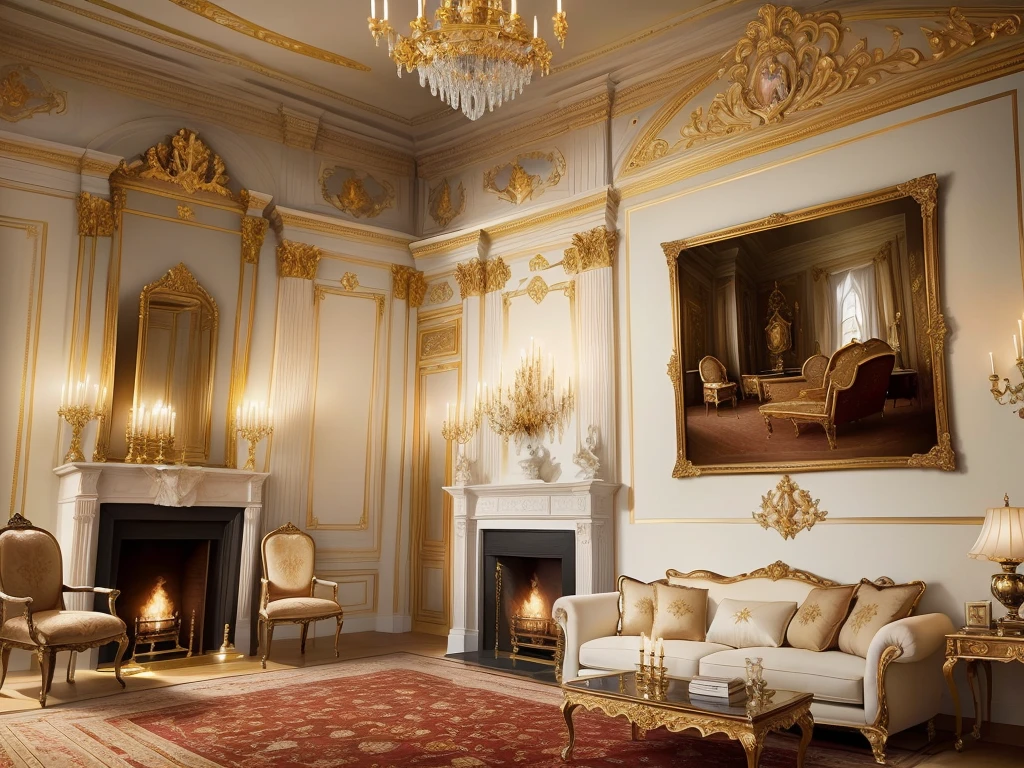 Room with Fireplace,There is a painting on the wall, Palace scene, elegant and extremely ornamental, Italian masterpiece, Royal interior, A small interior, Vatican Map Room, A masterpiece with great detail, living room, In a gorgeous room, Art, An extraordinary masterpiece!!!!!!, Renaissance style, Italian castle living room、Renaissance style、Luxurious、gorgeous、The rectangle is the visual focus