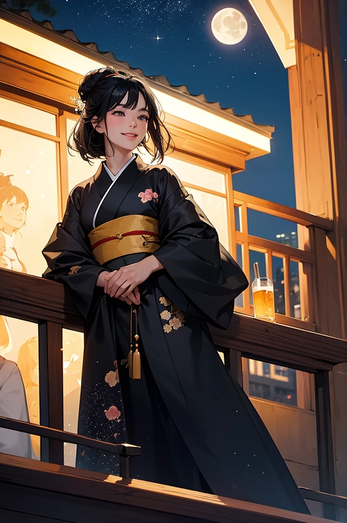 (masterpiece), best quality, expressive eyes, perfect face, At night, under the city lights, on a balcony of an apartment, a A beautiful black-haired woman in a kimono drinks beer, smiling, under the moon and stars, feeling the night breeze.