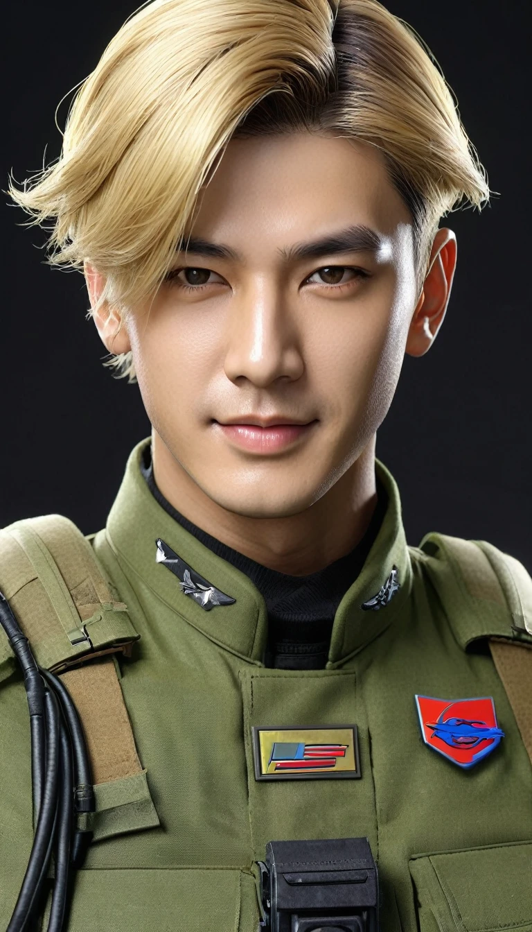 (((Ultra-realistic)))、(((Ultra-futuristic male soldier)))、Handsome male soldier High definition　Realistic　(((mature blonde boy)))、(((Breasts) big)))、Smooth skin、超High resolution、Realistic、Full figure、smile、Handsome middle-aged man、Handsome male soldier 、handsome brown eyes、Long flowing hair 、Very delicate and smooth skin、Former male soldier、(A very futuristic command center.)、 male soldier、(((Large chest)))、Bright green lips、(Wearing a suit fight), ((panoramic shot of boy from head to toe))