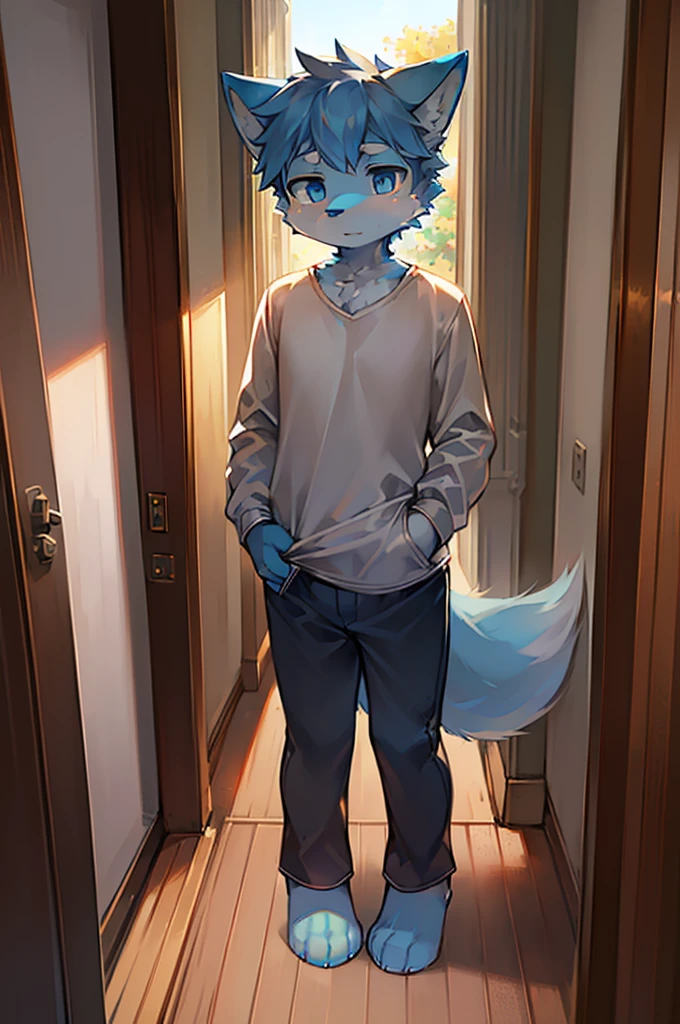 Normal scenario (Furry light blue fox boy), Standing,Facing the camera, ((Melancholy, Detailed face, Clear big eyes,blue eyes,Meticulous attention to detail)), Natural and soft lighting, 8K, SF Express, Autumn Light , peaceful , (Fluffy Paws), Front view,Wearing a shirt