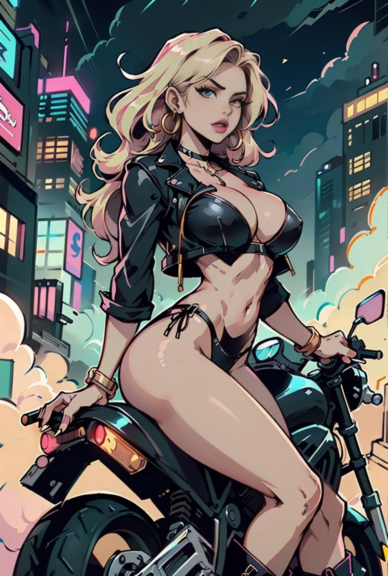 ((1girl, solo ,alone, long hair, black clothes, pink lipstick, Nico Robin, woman, (one piece) , dynamic pose,fitness, gold bracelets, ruby earrings)), ((solo, 1woman, pink lipstick, Extremely detailed, ambient soft lighting, 4k, perfect eyes, a perfect face, perfect lighting, a 1girl)), austere, ((blue bikini, leaning on the motorbike, motorcycle, avenue, city, skyscraper, leather boots, leather jacket, black jacket, clouds))