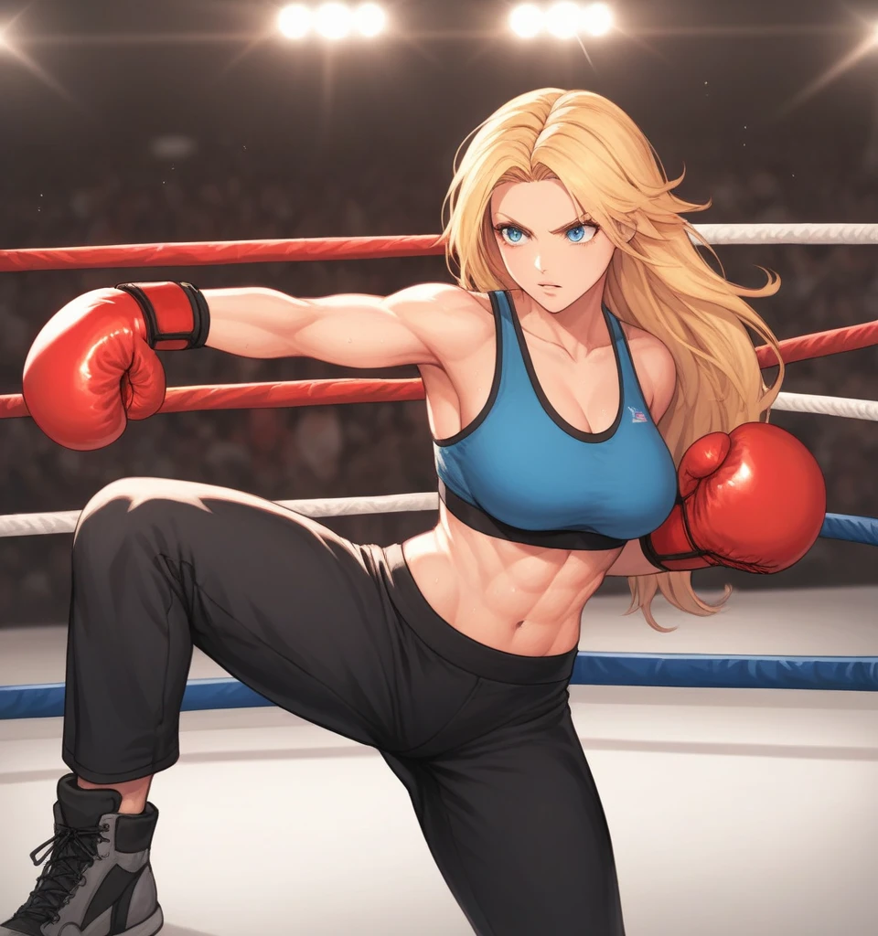 score_9, score_8_up, score_7_up, score_6_up, Detailed Background, BREAK
 Samusaran,1girl, long hair, sports bra,long black pants,boxing stance, blonde hair, blue eyes, BREAK
Boxing ring, boxing gloves