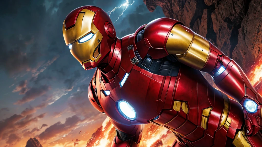 ((best quality)), ((Artwork)), (detailed), high definition image, ultra HD, Marvel movie cover style, actor Jamie Dornan as Marvel's Iron Man, iron Man Marvel, wearing armor red, backdrop behind cave of super hero with combat armor.
