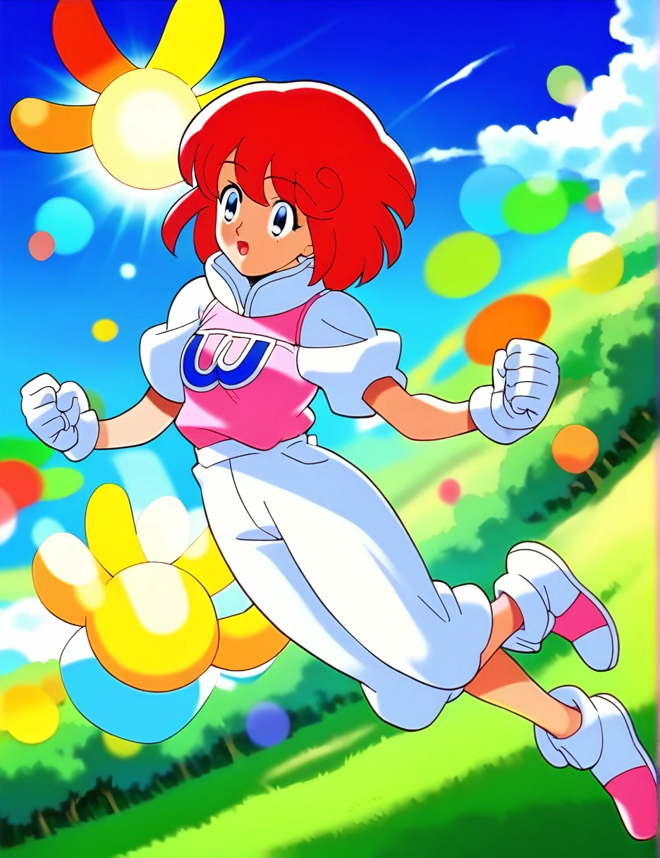 pastel,score_9,score_8_superior,score_7_superior,sauce_anime,One girl,alone,View your viewers,shirt,White puff sleeves,Short sleeve,White gloves,White pants,shoes,White footwear,Laughter,arm superior,Clenched hands,Jumping,blue sky,nature,In the meadow,sun,lens_Flare,