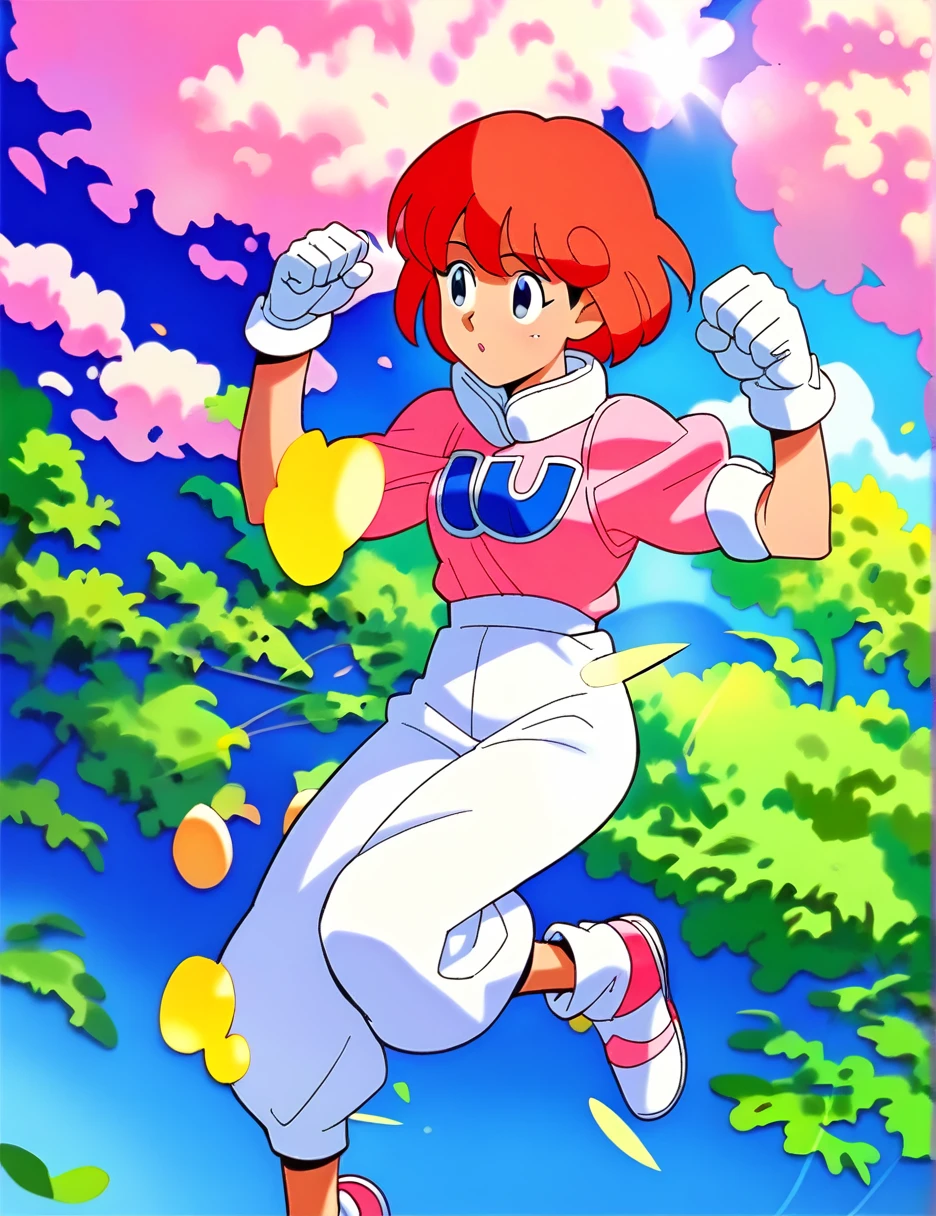 pastel,score_9,score_8_superior,score_7_superior,sauce_anime,One girl,alone,View your viewers,shirt,White puff sleeves,Short sleeve,White gloves,White pants,shoes,White footwear,Laughter,arm superior,Clenched hands,Jumping,blue sky,nature,In the meadow,sun,lens_Flare,