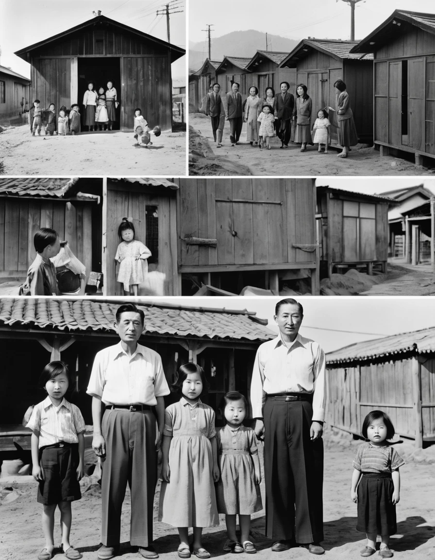 Black and white photography、Photographed in 1942、Manzana－A photo of a Japanese family held in the Lu Internment Camp、Prefab shed、Photo of parents and three children