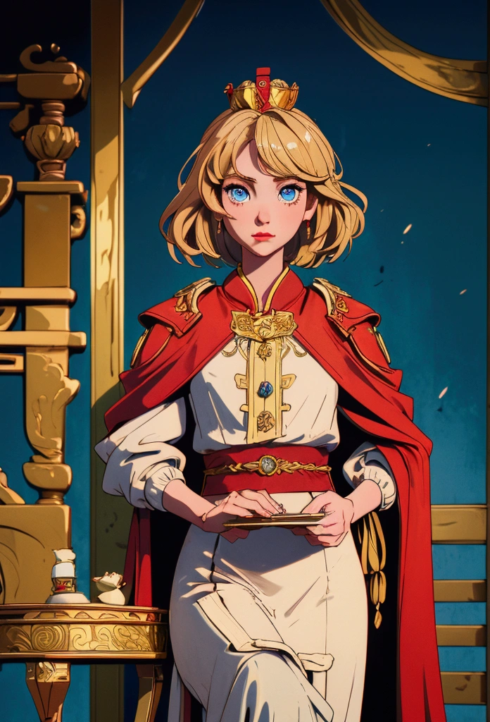 (masterpiece: 1.2, best quality), Practical, (Practical Picture, Intricate details, Depth of Field), best quality, masterpiece, Very detailed, Semi Practical, 1 girl, Mature female, 21 years old, blond, Shoulder-length hair, Left eye covered by hair, blue eyes, King&#39;s Clothes, Red Cape, Slim body, A crown made of precious gold, Read the documentation, Tag the file, quill, desk, Soft stool, palace, 在palace殿里, In the Middle Ages