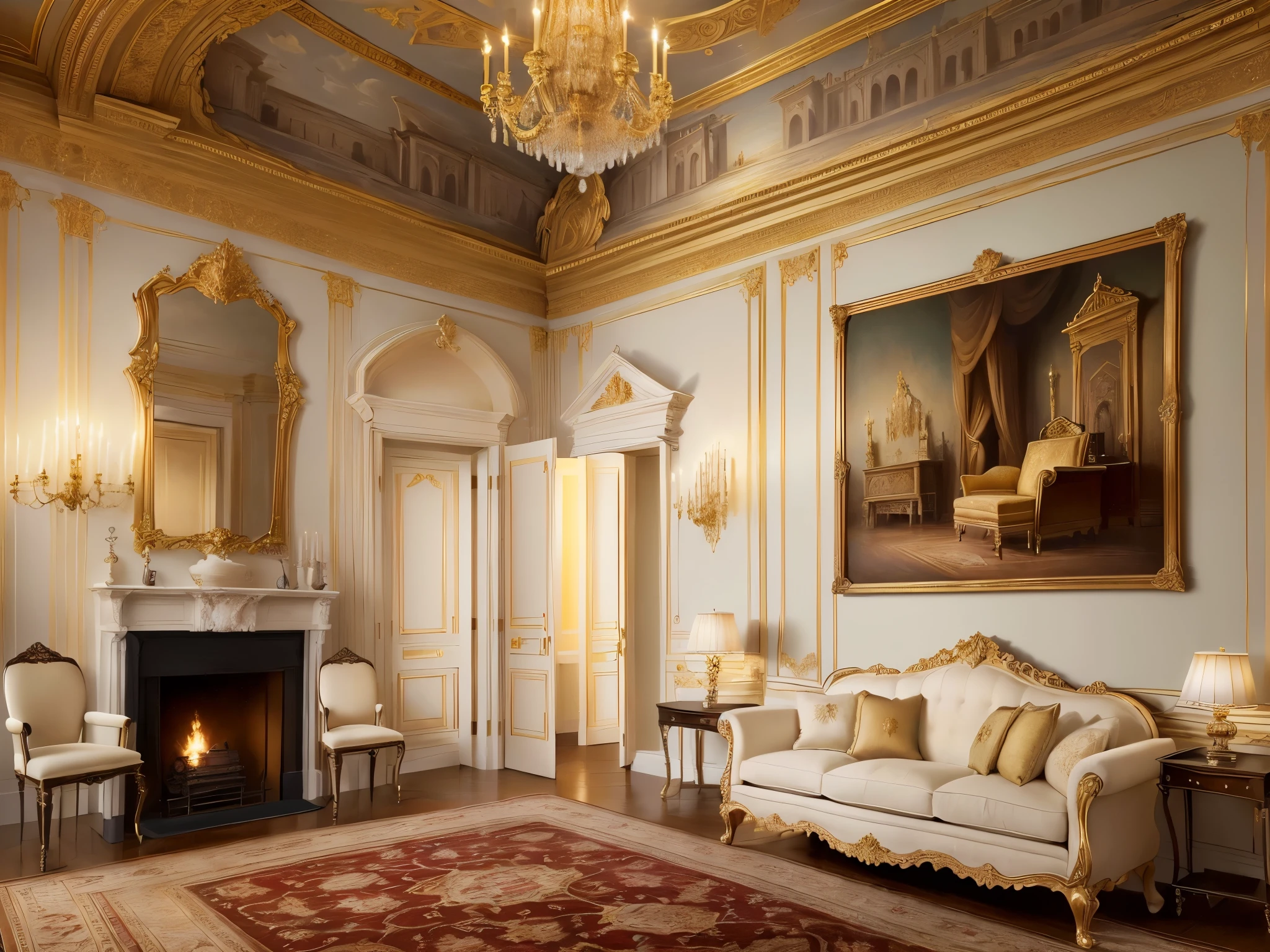 Room with Fireplace,There is a painting on the wall, Palace scene, elegant and extremely ornamental, Italian masterpiece, Royal interior, A small interior, Vatican Map Room, A masterpiece with great detail, living room, In a gorgeous room, Art, An extraordinary masterpiece!!!!!!, Renaissance style, Italian castle living room、Renaissance style、Luxurious、gorgeous、The rectangle is the visual focus