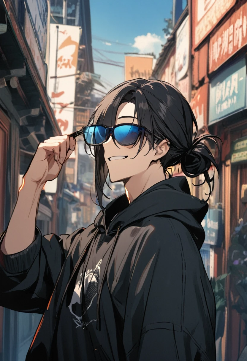1 boy, black hair large shoulder tied in a man bun , black eyes, clear skin, place sunglasses over your eyes, hoodie, smiling