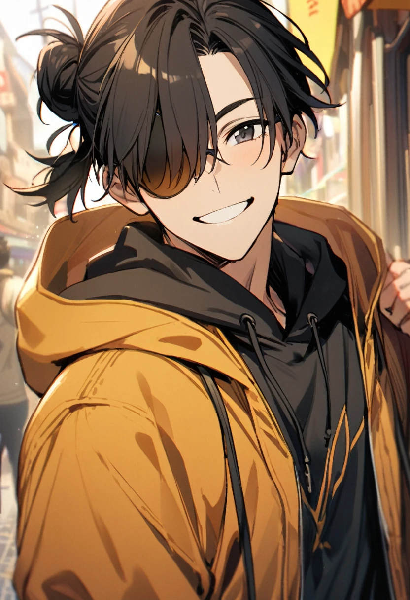 1 boy, black hair large shoulder tied in a man bun , black eyes, clear skin, place sunglasses over your eyes, hoodie, smiling