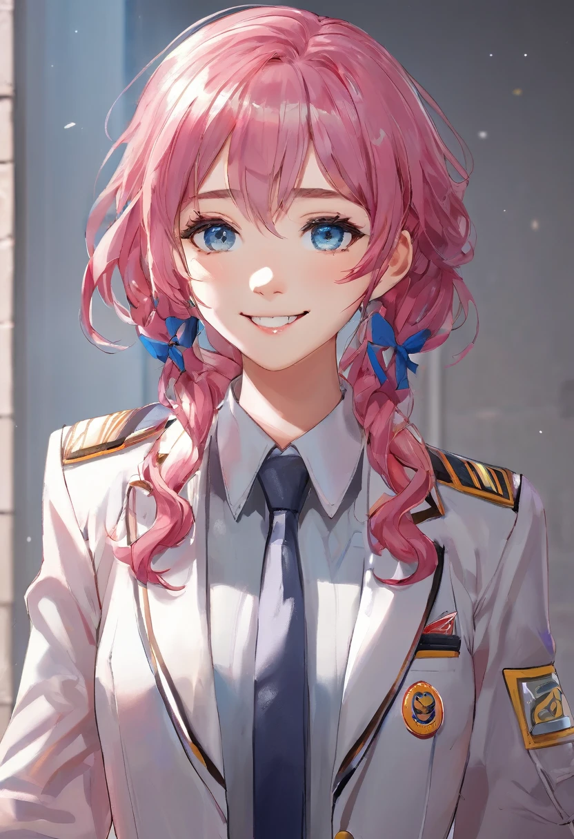 (masterpiece, top quality, very aesthetic, 4k、illustration), intricate detail, 1girl,Standing in front of a wall、(upper body)、happy smile、(multicolored hair)、
Cute 、pink hair、,middle hair,sidelock ,,blue eyes、pilot suit、Tight Suit、middle breasts,Slim 、