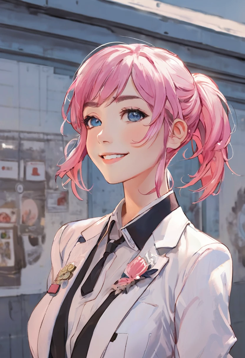 (masterpiece, top quality, very aesthetic, 4k、illustration), intricate detail, 1girl,Standing in front of a wall、(upper body)、happy smile、(multicolored hair)、
Cute 、pink hair、,middle hair,sidelock ,,blue eyes、pilot suit、Tight Suit、middle breasts,Slim 、