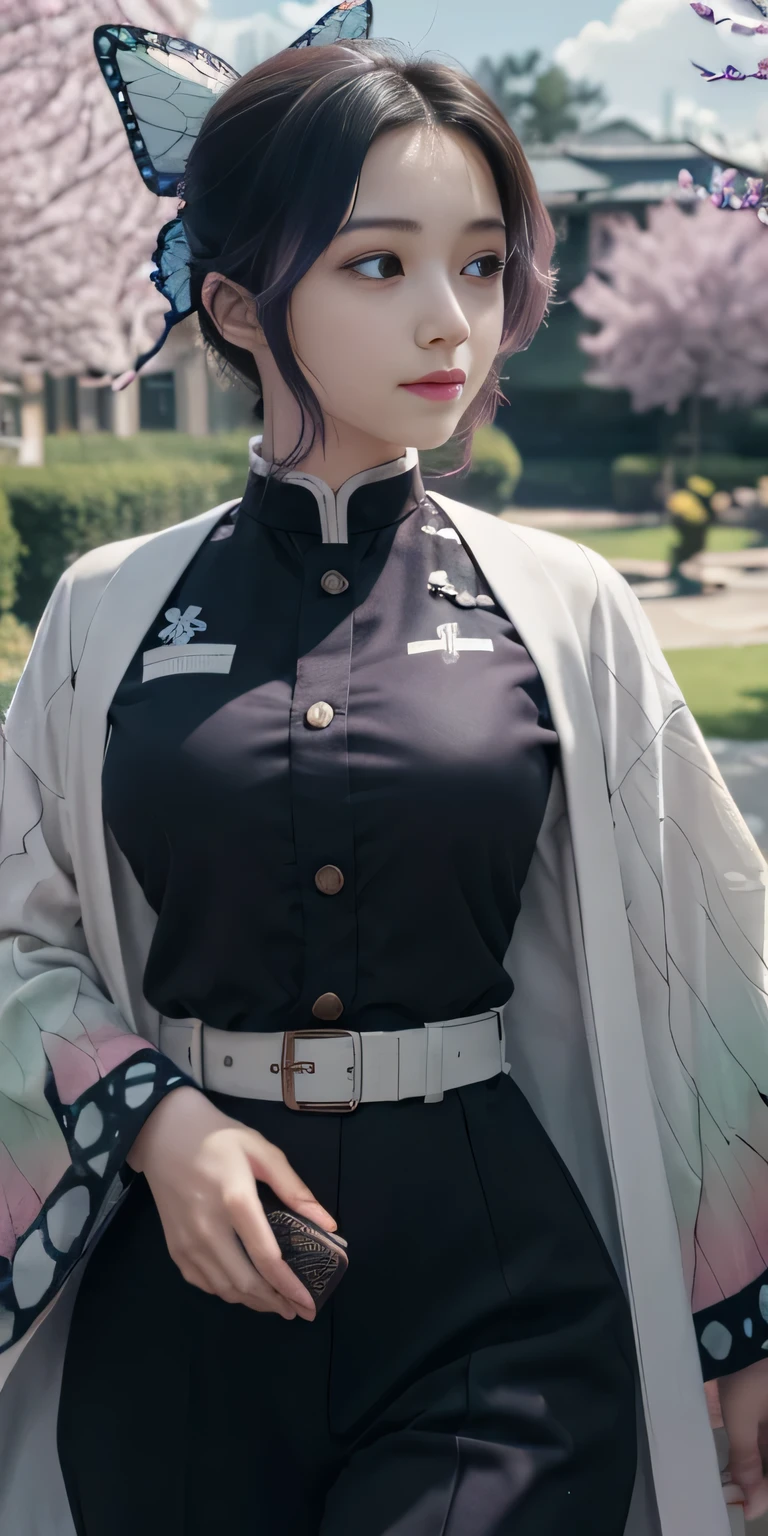 Ultra-realistic 8K CG,masterpiece,((Highly detailed background, Delicate pattern, Intricate details)),Highest quality,very detailed face,Very fine grain and face,Very fine grain,kochou shinobu,Multicolored Hair,No bangs,Hair Intake,Purple eyes,amount,Black Shirt,Black trousers,,butterfly,button,belt,(garden:1.2),Purple Flower,Little,cloudy null,sunlight,Tidal effect,Slope_null,face,Gorgeous null,West Saber,Attractive posture,Huge breasts
