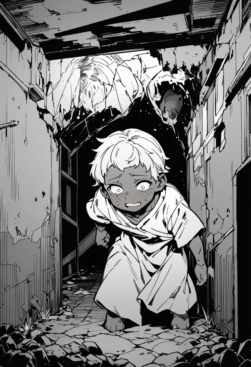 best quality , Black & White, line art, 1 man, , full body, long, dark, messy hair, tan skin, freckles, Scary eyes, Wear old clothes, dirty,Torn hospital gown, Hiding behind the wall, gag, intense, horror, A faceless old man emerged from behind., Abandoned hospital background, nighttime, Cowboy Shot, oldest, cartoon