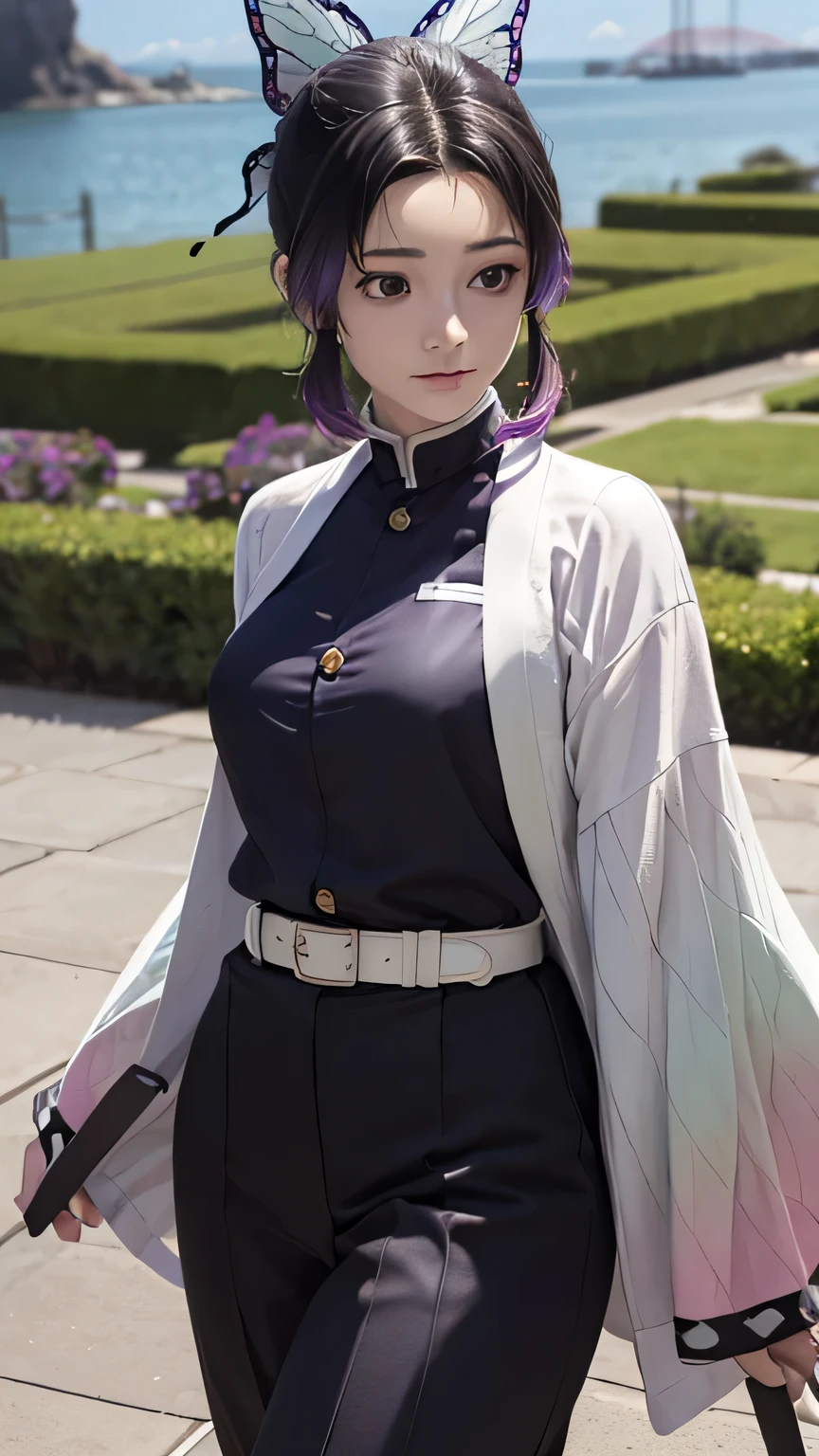 Ultra-realistic 8K CG,masterpiece,((Highly detailed background, Delicate pattern, Intricate details)),Highest quality,very detailed face,Very fine grain and face,Very fine grain,kochou shinobu,Multicolored Hair,No bangs,Hair Intake,Purple eyes,amount,Black Shirt,Black trousers,Haori,butterfly,button,belt,(garden:1.2),Purple Flower,Little,cloudy null,sunlight,Tidal effect,Slope_null,face,Gorgeous null,West Saber,Attractive posture, Are standing, Idol, Hands on hips