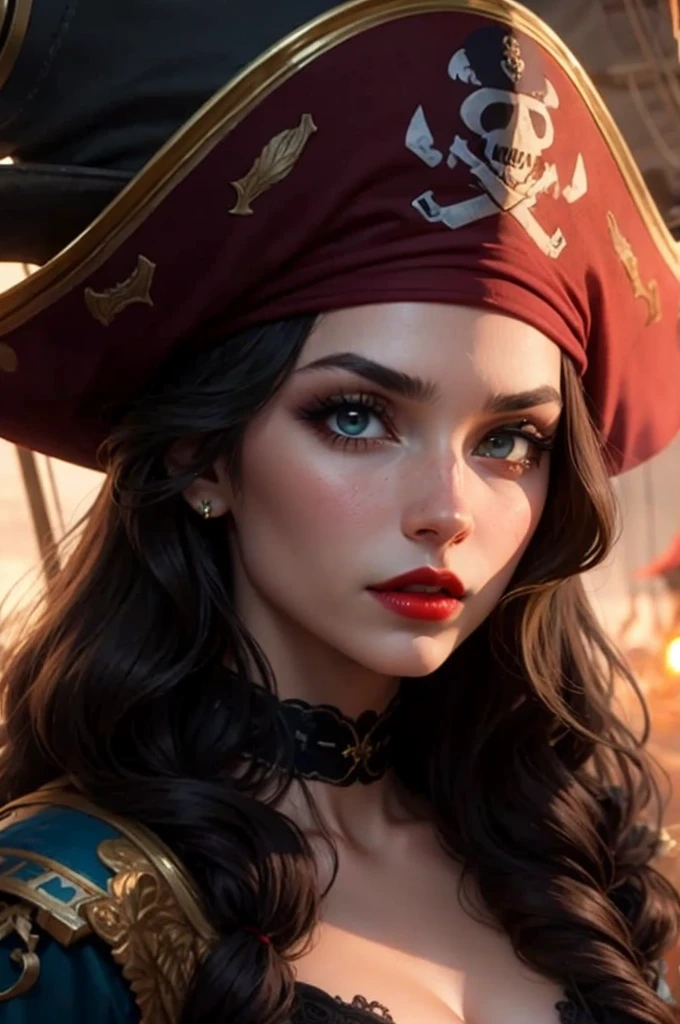 A beautiful and fierce pirate queen, long and light hair, olhos intensos, full red lips, wearing an ornate pirate captain's uniform, standing on the deck of your ship, ocean backdrop, dramatic lighting, film composition, highy detailed, comic style, details Intricate, stunning colors, dramatic shadows, temperamental atmosphere, (best qualityer,8K,high resolution,work of art:1.2),ultra detali,,cinematic lighting,battle pose, full body, dramatic expression,Elaborate costume,detailed ship in the background,stormy ocean waves