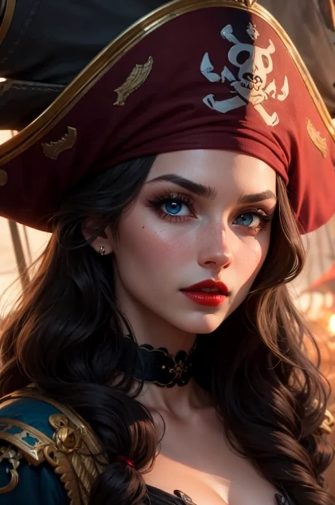 A beautiful and fierce pirate queen, long and light hair, olhos intensos, full red lips, wearing an ornate pirate captain&#39;s uniform, standing on the deck of your ship, ocean backdrop, dramatic lighting, film composition, highy detailed, comic style, details Intricate, stunning colors, dramatic shadows, temperamental atmosphere, (best qualityer,8K,high resolution,work of art:1.2),ultra detali,,cinematic lighting,battle pose, full body, dramatic expression,Elaborate costume,detailed ship in the background,stormy ocean waves