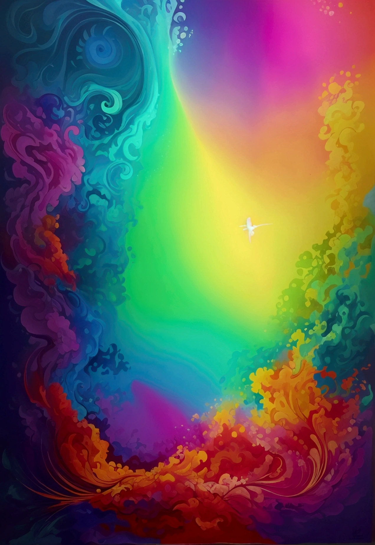 An abstract and visually stunning wall painting that captures the essence of psychedelia, with a mix of geometric shapes, organic forms, and a dreamy color palette