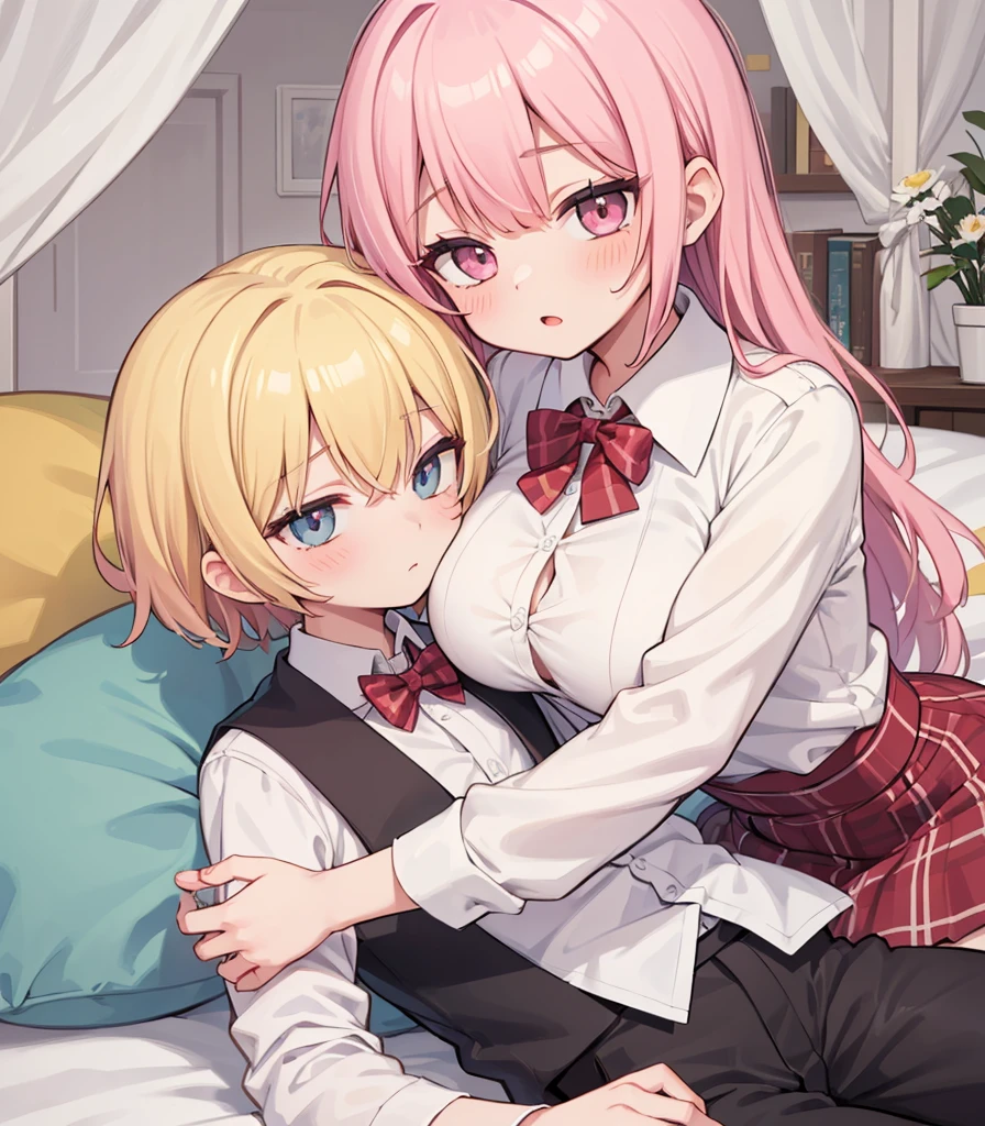 masterpiece, Highest quality, so beautiful, absurdists,High resolution,One girl, One boy,Cuddling in bed, like,sexly,Look at each one, blush,Age difference,bow tie,blondes,chest,Long Hair,Pink Hair,Tucked in shirt,short hair,skirt,Tent shirt,Slut,Big breasted sister and brother,Siblings, trousers,Pushing her big tits against her brother,(My brother's erect penis),((((姉のvery huge breasts,Sister crushes her big tits in her brother's face)))),(((((Very huge breasts))))),(((((small penis,NSFW,Soft Very HUGE breasts))))),((Bursting Breasts,Huge breasts hiding her brother's face)),((((((((Huge Breasts, Large Breasts, Very Large Breasts, Very Large Breasts, Very Large Breasts, Very Large Breasts, Very Large Breasts, Very Large Breasts, Very Large Breasts, Very Large Breasts, Very Large Breasts, Very Large Breasts, Burying Face in Breasts)))))))),Two people gazing at each other,puffy breasts,((Face crushed by tits, huge breasts on brother's body, mouth covered by tits, breasts covering face)),((huge breasts)),soft massive breasts