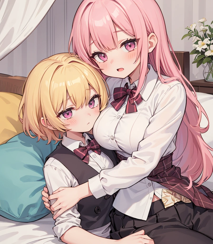 masterpiece, Highest quality, so beautiful, absurdists,High resolution,One girl, One boy,Cuddling in bed, like,sexly,Look at each one, blush,Age difference,bow tie,blondes,chest,Long Hair,Pink Hair,Tucked in shirt,short hair,skirt,Tent shirt,Slut,Big breasted sister and brother,Siblings, trousers,Pushing her big tits against her brother,(My brother's erect penis),((((姉のvery huge breasts,Sister crushes her big tits in her brother's face)))),(((((Very huge breasts))))),(((((small penis,NSFW,Soft Very HUGE breasts))))),((Bursting Breasts,Huge breasts hiding her brother's face)),((((((((Huge Breasts, Large Breasts, Very Large Breasts, Very Large Breasts, Very Large Breasts, Very Large Breasts, Very Large Breasts, Very Large Breasts, Very Large Breasts, Very Large Breasts, Very Large Breasts, Very Large Breasts, Burying Face in Breasts)))))))),Two people gazing at each other,puffy breasts,((Face crushed by tits, huge breasts on brother's body, mouth covered by tits, breasts covering face)),((huge breasts)),soft massive breasts