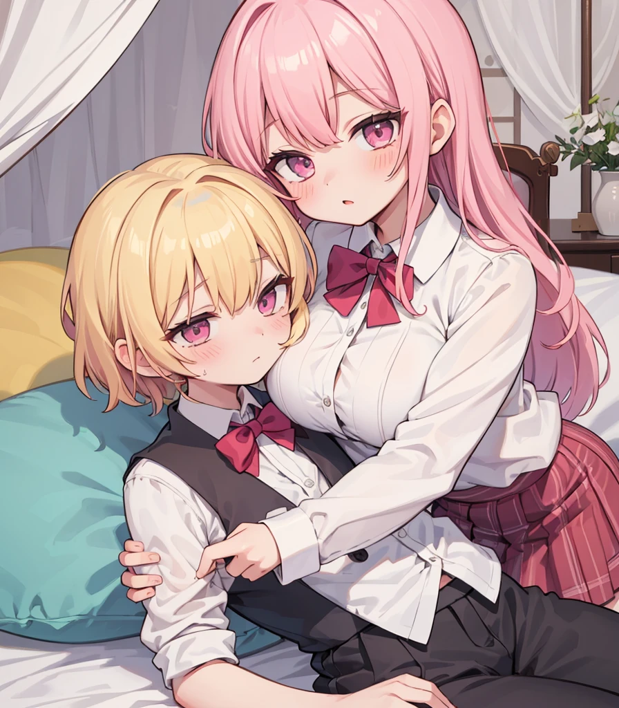 masterpiece, Highest quality, so beautiful, absurdists,High resolution,One girl, One boy,Cuddling in bed, like,sexly,Look at each one, blush,Age difference,bow tie,blondes,chest,Long Hair,Pink Hair,Tucked in shirt,short hair,skirt,Tent shirt,Slut,Big breasted sister and brother,Siblings, trousers,Pushing her big tits against her brother,(My brother&#39;s erect penis),((((姉のvery huge breasts,Sister crushes her big tits in her brother&#39;s face)))),(((((Very huge breasts))))),(((((small penis,NSFW,Soft Very HUGE breasts))))),((Bursting Breasts,Huge breasts hiding her brother&#39;s face)),((((((((Huge Breasts, Large Breasts, Very Large Breasts, Very Large Breasts, Very Large Breasts, Very Large Breasts, Very Large Breasts, Very Large Breasts, Very Large Breasts, Very Large Breasts, Very Large Breasts, Very Large Breasts, Burying Face in Breasts)))))))),Two people gazing at each other,puffy breasts,((Face crushed by tits, huge breasts on brother's body, mouth covered by tits, breasts covering face)),((huge breasts)),soft massive breasts