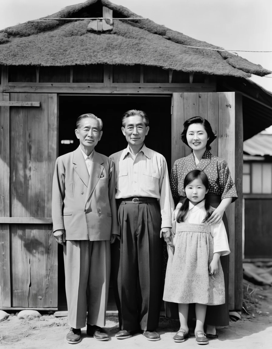 Black and white photography、Photographed in 1942、Manzana－A photo of a Japanese family held in the Lu Internment Camp、Prefab shed、Photo of parents and three children