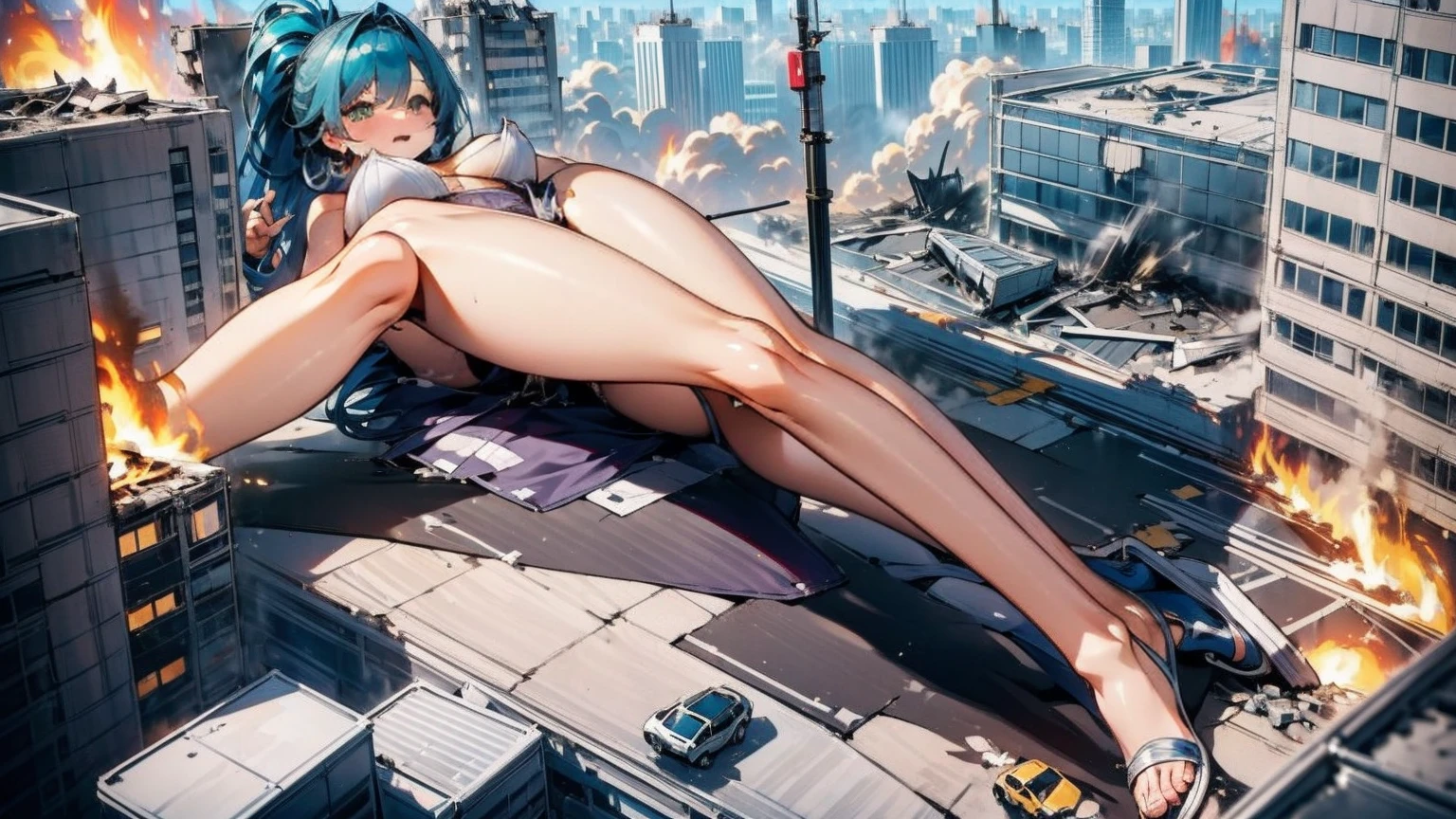 Giantess with firm , long sexy legs, yellow hair and in a bikini is lying on the ground, while the city at her feet burns in flames for the destruction she has caused, while the tiny people climb on her body to try to defeat her uselessly. Giantess, goddess, macrophilia, curvaceous body, hentai, fetish, sexy legs, bikini, high heels, high quality
