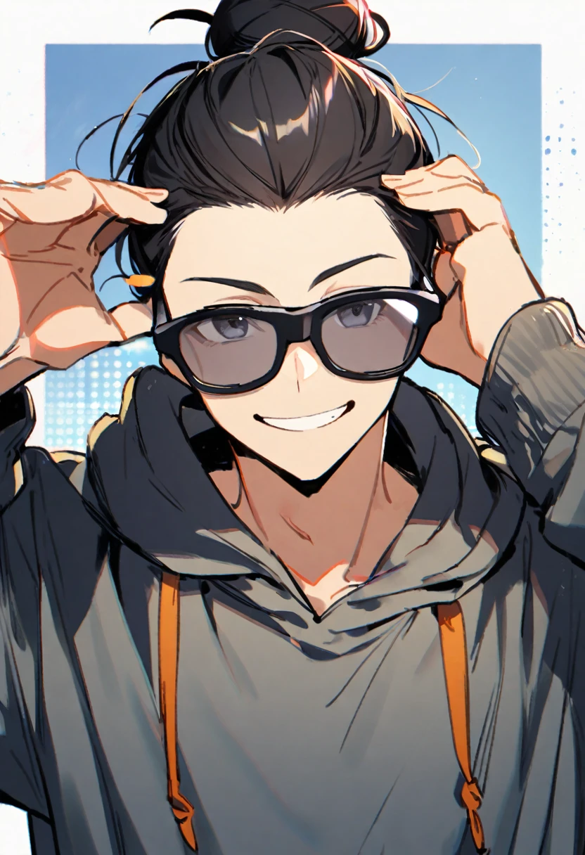1 boy, black hair large shoulder tied in a man bun , black eyes, clear skin, place sunglasses over your eyes, hoodie, smiling