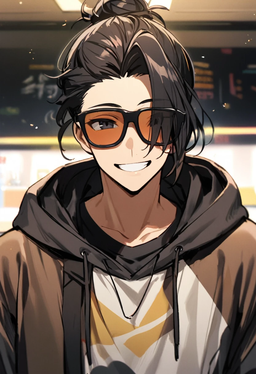 1 boy, black hair large shoulder tied in a man bun , black eyes, clear skin, place sunglasses over your eyes, hoodie, smiling