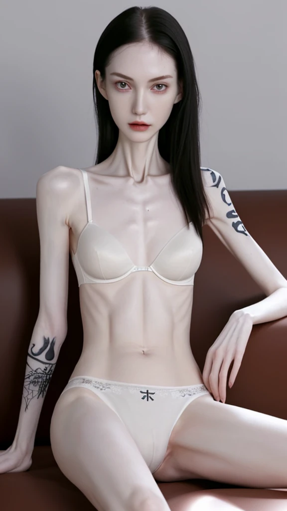 a woman, very thin body, body visible bones, very slender , sweaty weat body, pale white skin, , bra,tatto, full body, sit on sofa , crossed leg
