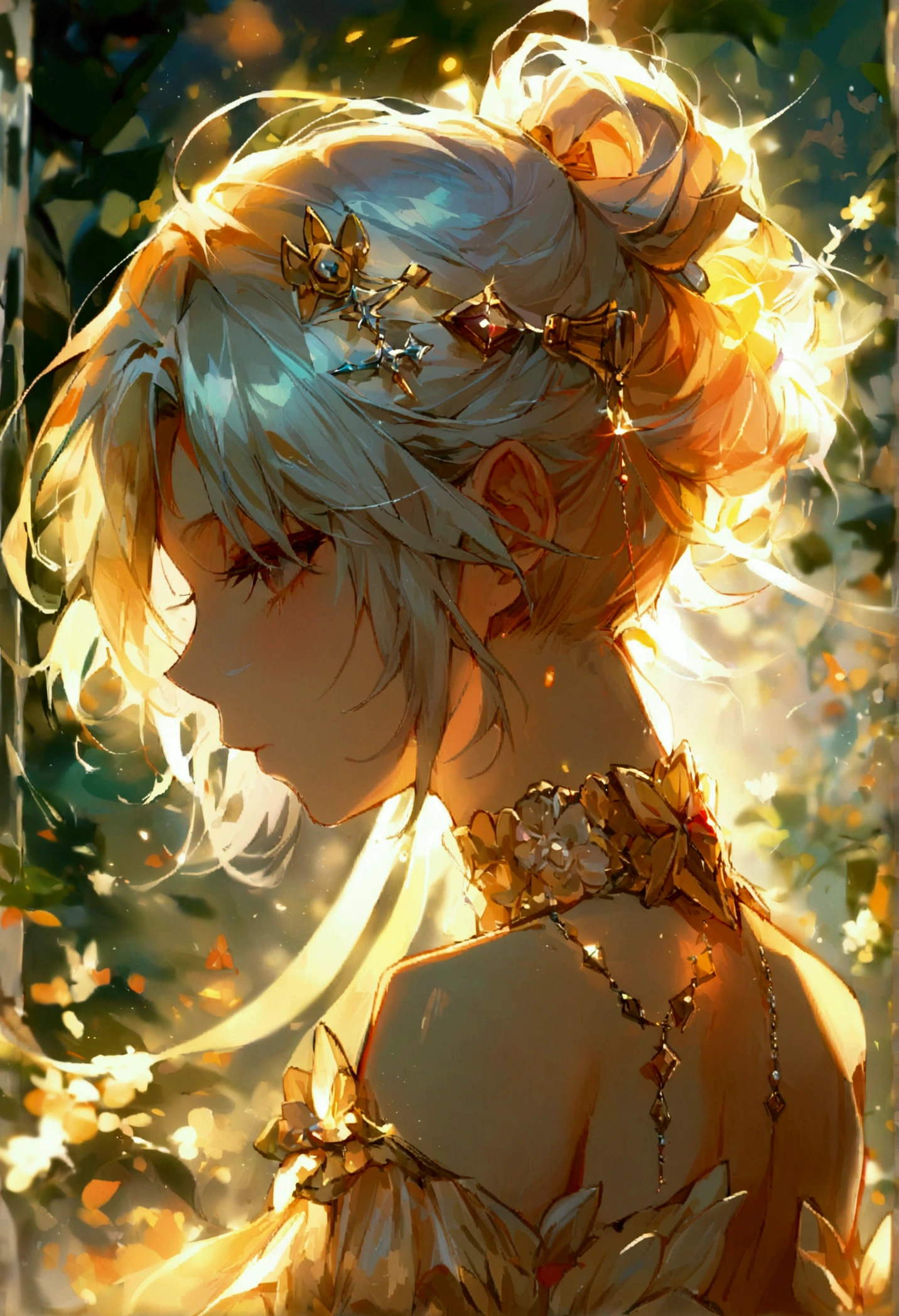 1 girl, Adult women, Solitary, g0ld3mb, Air, (platinum blonde hair) hair, Ji Qie, (kawaii hair clips:1.2) high quality, best quality, high resolution, High Detail, (Airen aura magic), hair uplifted, trumpet