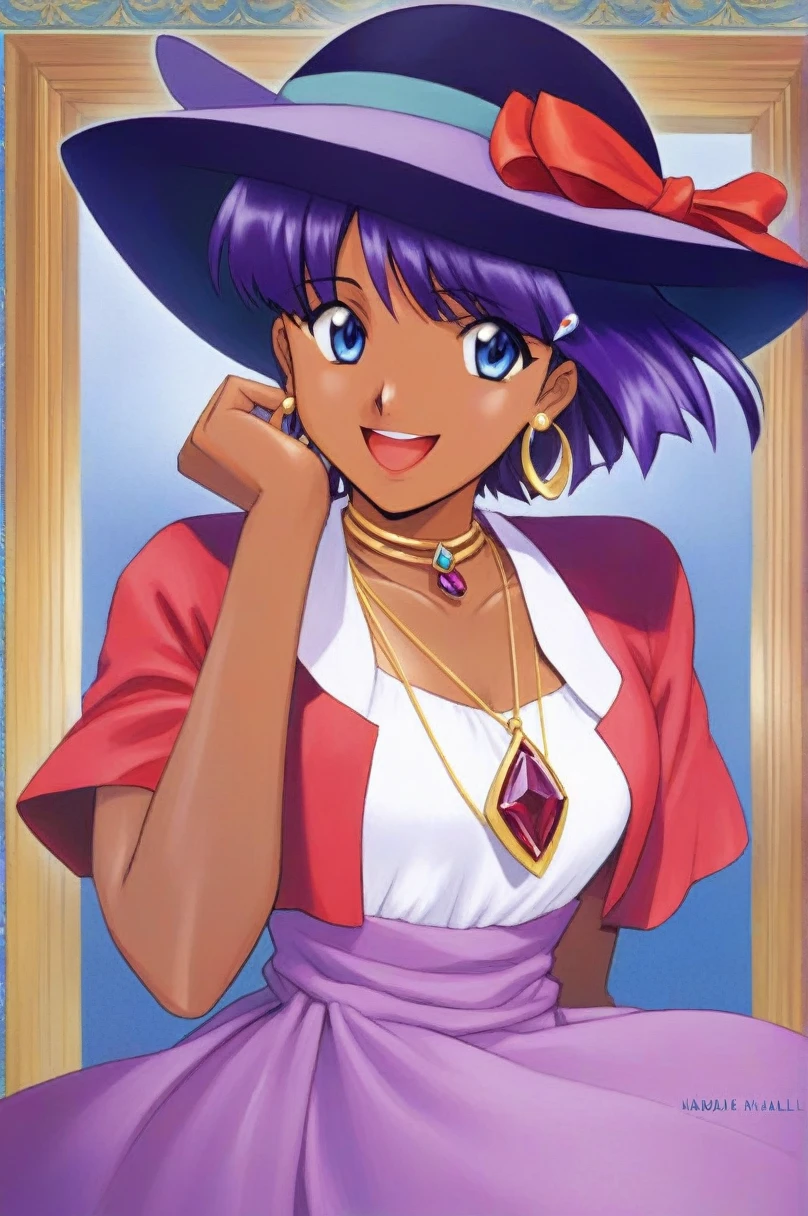 One girl, Nadia of Arwall, Have, alone, jewelry, Earrings, Dark Skin, Dark skinned women, short hair, Purple Hair, hair ornaments, Hair Clip, blue eyes, dress, necklace, put your hand on the hat, Open your mouth, smile,