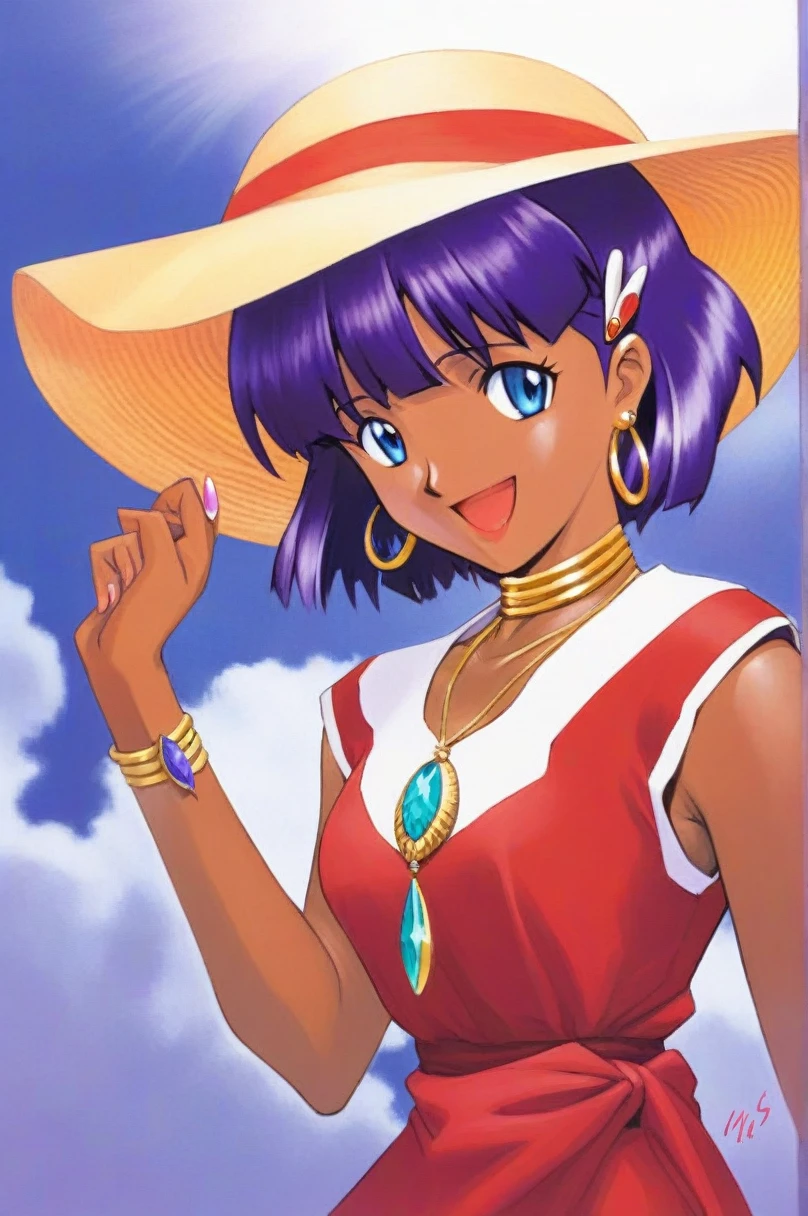 One girl, Nadia of Arwall, Have, alone, jewelry, Earrings, Dark Skin, Dark skinned women, short hair, Purple Hair, hair ornaments, Hair Clip, blue eyes, dress, necklace, put your hand on the hat, Open your mouth, smile, 