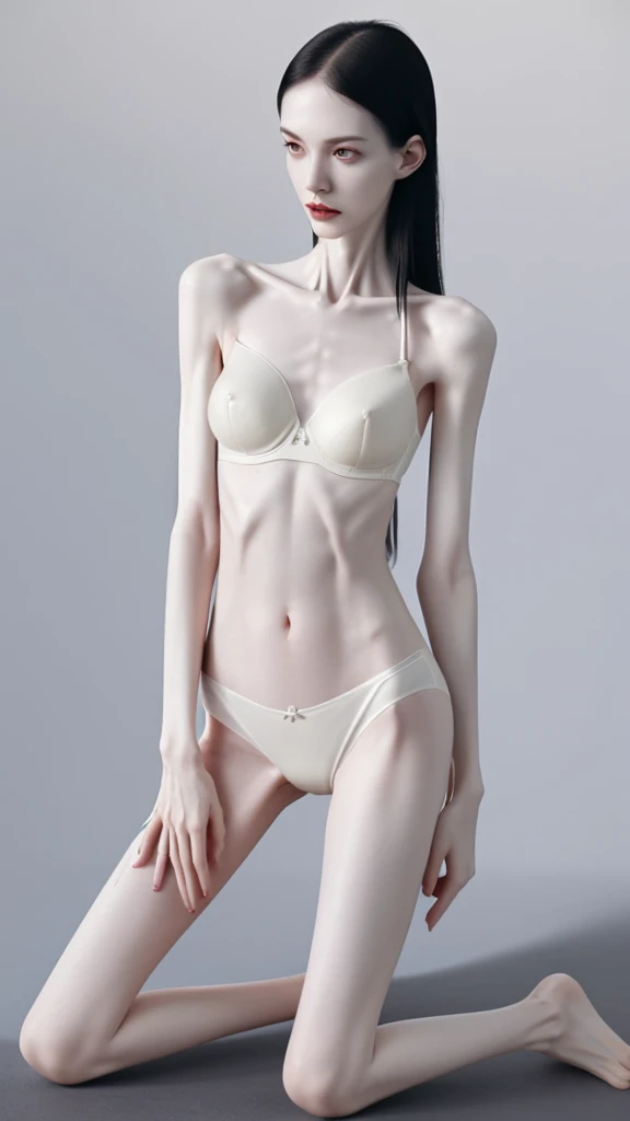 a woman, very thin body, body visible bones, very slender , sweaty weat body, pale white skin, panties, bra,tatto, full body, kneel