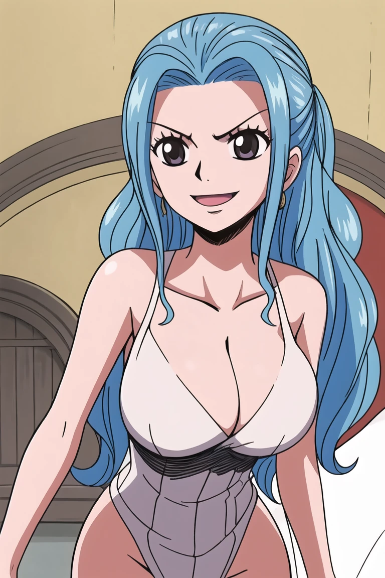1girl, smile, close up, castel, blue hair,happy, room, big breasts, grey eyes, cleavage, bed, blush, , shy, , nude, queen, , bed, , full face blush, serious, ass, side, on side, big ass, back,