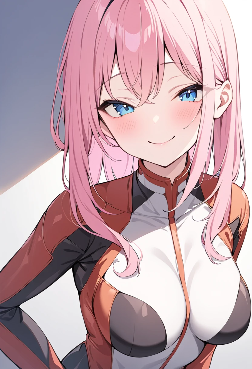 (masterpiece, top quality, very aesthetic, 4k、illustration), intricate detail, 1girl,Standing in front of a wall、(upper body)、happy smile、(multicolored hair)、
Cute 、pink hair、,middle hair,sidelock ,,blue eyes、pilot suit、Tight Suit、middle breasts,Slim 、