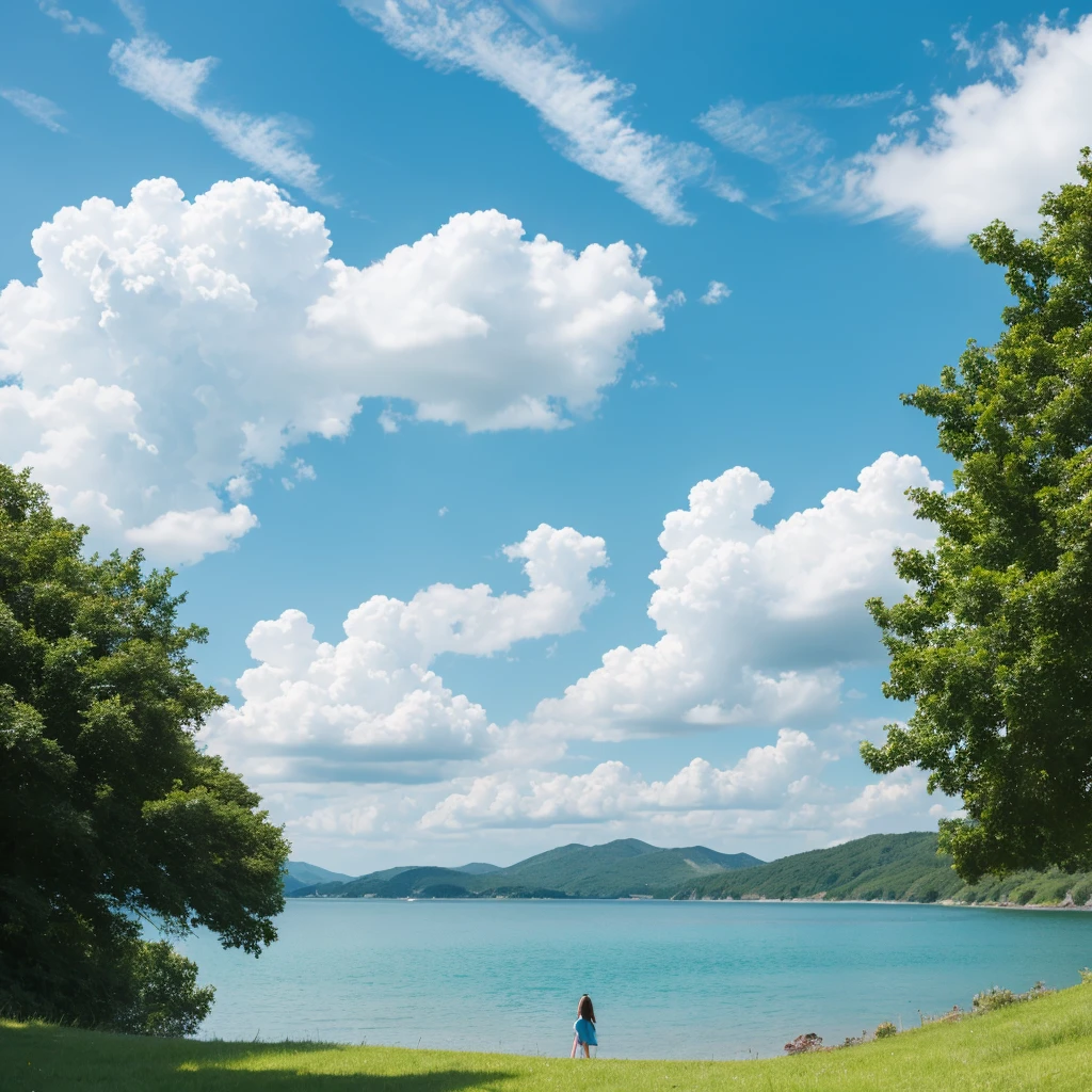 Summer landscape girl sky blue