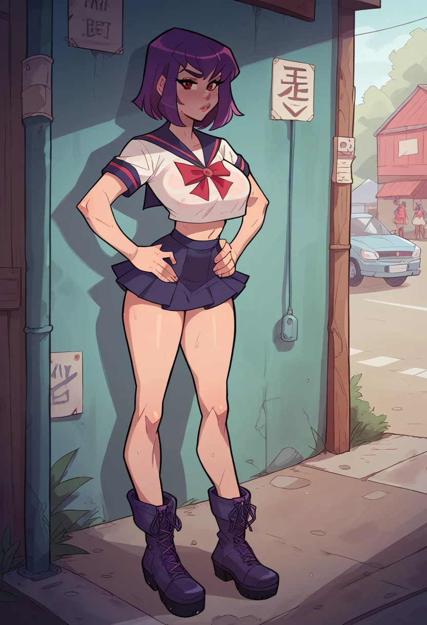 Masterpiece, best quality, high resolution, 1 woman , straight purple hair , bob , red eyes , Cold expression , sailor shirt , short skirt , boots, Long legs , full body , abdomen , big breasts , Put your hands on your hips. , roadside