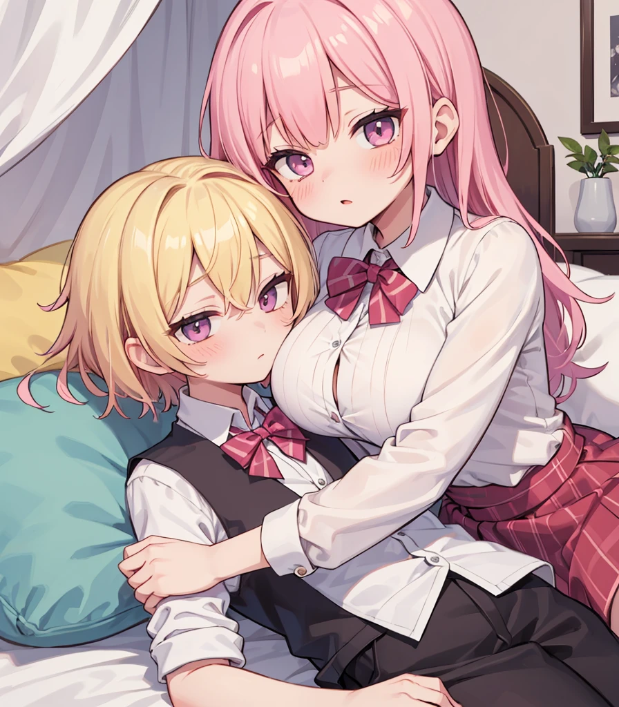 masterpiece, Highest quality, so beautiful, absurdists,High resolution,One girl, One boy,Cuddling in bed, like,sexly,Look at each one, blush,Age difference,bow tie,blondes,chest,Long Hair,Pink Hair,Tucked in shirt,short hair,skirt,Tent shirt,Slut,Big breasted sister and brother,Siblings, trousers,Pushing her big tits against her brother,(My brother&#39;s erect penis),((((姉のvery huge breasts,Sister crushes her big tits in her brother&#39;s face)))),(((((Very huge breasts))))),(((((small penis,NSFW,Soft Very HUGE breasts))))),((Bursting Breasts,Huge breasts hiding her brother&#39;s face)),((((((((Huge Breasts, Large Breasts, Very Large Breasts, Very Large Breasts, Very Large Breasts, Very Large Breasts, Very Large Breasts, Very Large Breasts, Very Large Breasts, Very Large Breasts, Very Large Breasts, Very Large Breasts, Burying Face in Breasts)))))))),Two people gazing at each other,puffy breasts,((Face crushed by tits, huge breasts on brother's body, mouth covered by tits, breasts covering face)),((huge breasts)),soft massive breasts