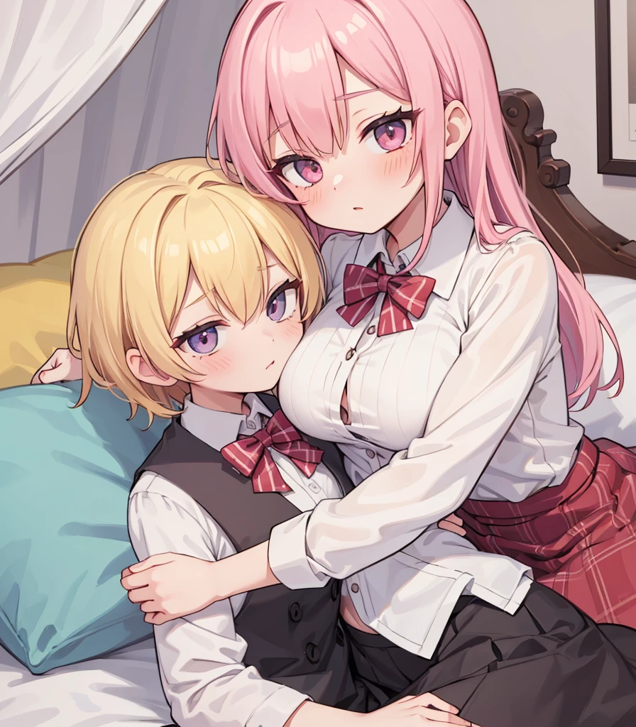 masterpiece, Highest quality, so beautiful, absurdists,High resolution,One girl, One boy,Cuddling in bed, like,sexly,Look at each one, blush,Age difference,bow tie,blondes,chest,Long Hair,Pink Hair,Tucked in shirt,short hair,skirt,Tent shirt,Slut,Big breasted sister and brother,Siblings, trousers,Pushing her big tits against her brother,(My brother&#39;s erect penis),((((姉のvery huge breasts,Sister crushes her big tits in her brother&#39;s face)))),(((((Very huge breasts))))),(((((small penis,NSFW,Soft Very HUGE breasts))))),((Bursting Breasts,Huge breasts hiding her brother&#39;s face)),((((((((Huge Breasts, Large Breasts, Very Large Breasts, Very Large Breasts, Very Large Breasts, Very Large Breasts, Very Large Breasts, Very Large Breasts, Very Large Breasts, Very Large Breasts, Very Large Breasts, Very Large Breasts, Burying Face in Breasts)))))))),Two people gazing at each other,puffy breasts,((Face crushed by tits, huge breasts on brother's body, mouth covered by tits, breasts covering face)),((huge breasts)),soft massive breasts