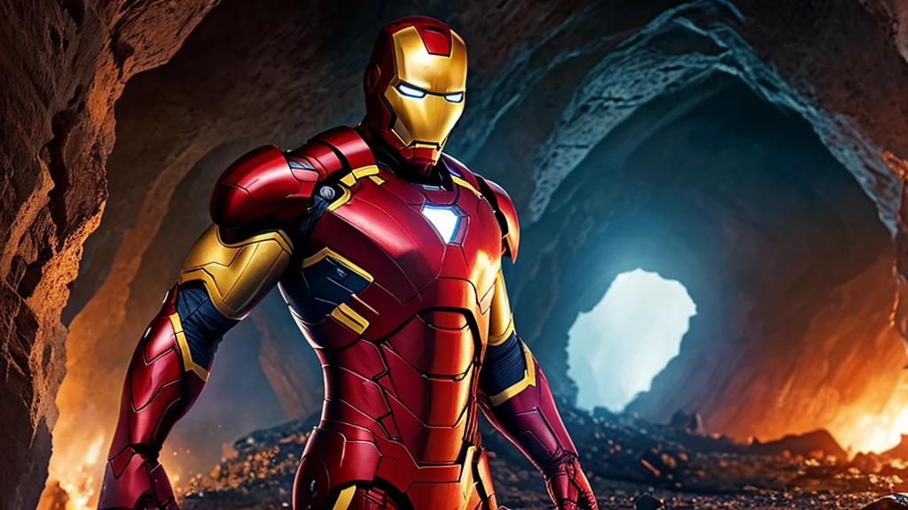 Actor Jamie Dornan, ((best quality)), ((Artwork)), (detailed), high definition image, ultra HD, Marvel movie cover style, actor Jamie Dornan as Marvel's Iron Man, iron Man Marvel, wearing armor red, backdrop behind cave of super hero with combat armor.