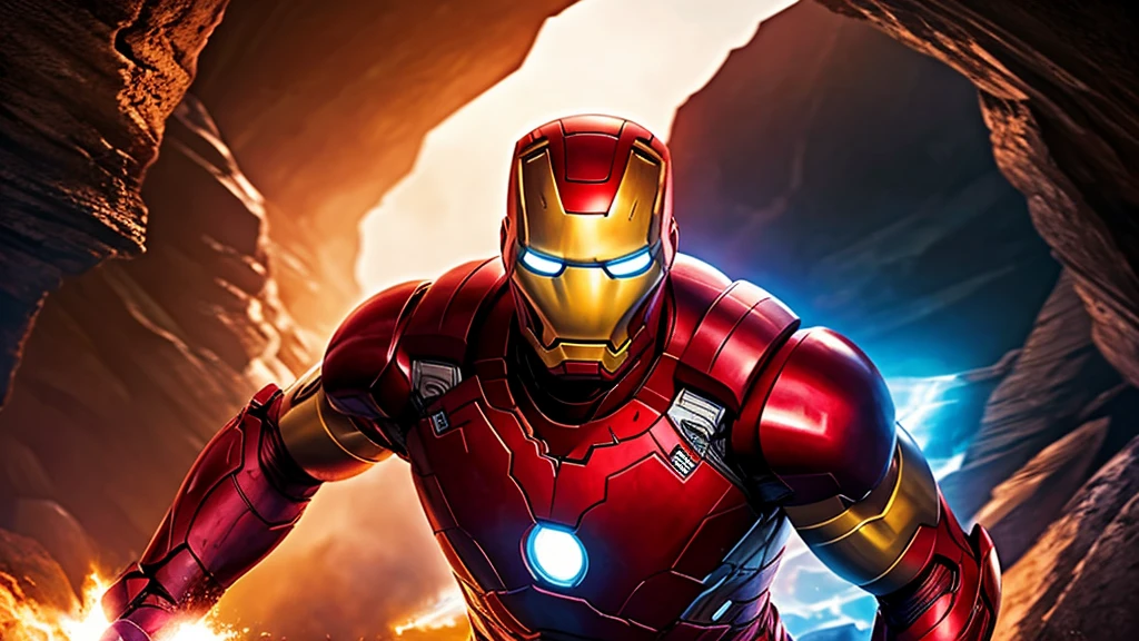 Actor Jamie Dornan, ((best quality)), ((Artwork)), (detailed), high definition image, ultra HD, Marvel movie cover style, actor Jamie Dornan as Marvel's Iron Man, iron Man Marvel, wearing armor red, backdrop behind cave of super hero with combat armor.