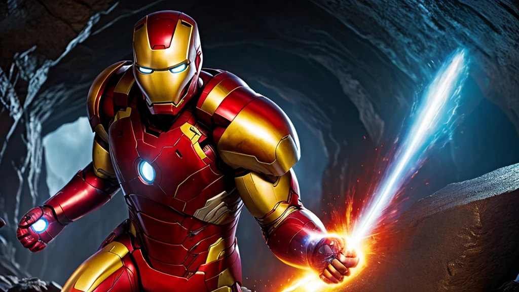 Actor Jamie Dornan, ((best quality)), ((Artwork)), (detailed), high definition image, ultra HD, Marvel movie cover style, actor Jamie Dornan as Marvel's Iron Man, iron Man Marvel, wearing armor red, backdrop behind cave of super hero with combat armor.