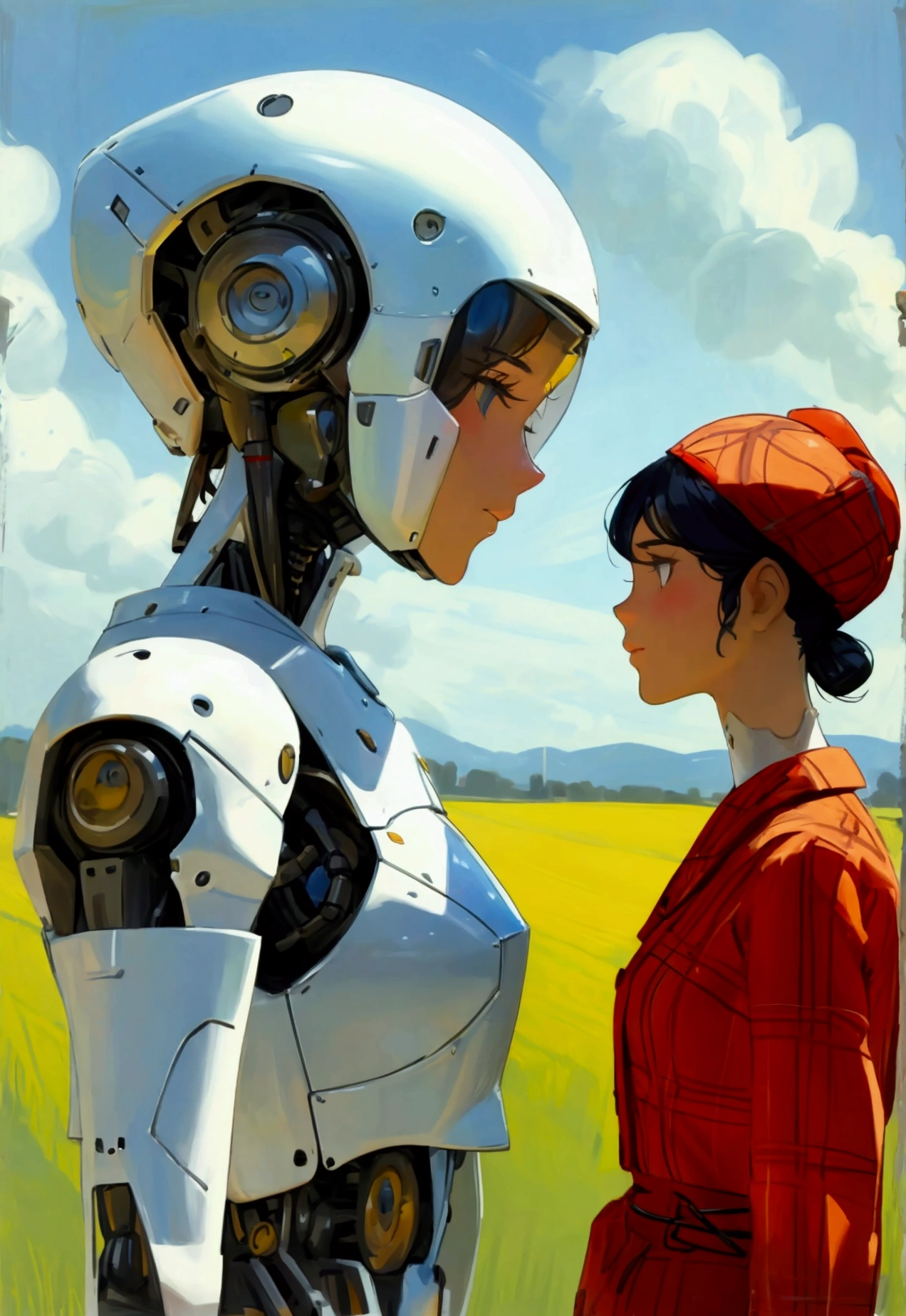 In the fields，A woman standing next to a robot, Italian Fashion, Tartan Clothing, Classic Animation, Scott Robertson, Two models in the framework, Victorian Photographs, Two Women, Robot Warrior  