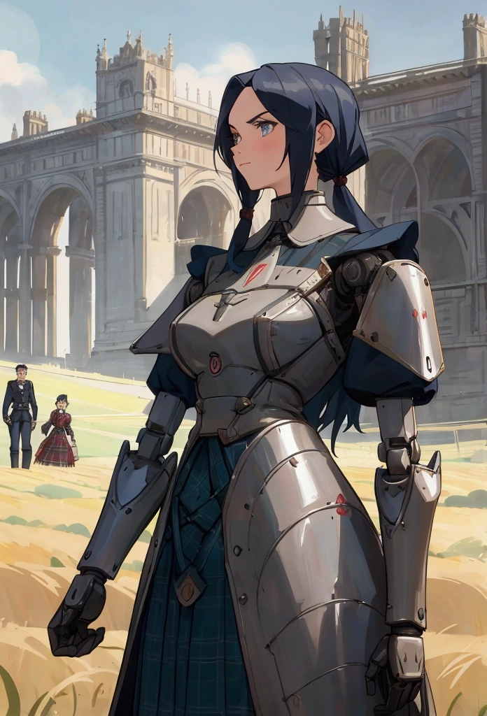 In the fields,A woman standing next to a robot, Italian Fashion, Tartan Clothing, Classic Animation, Scott Robertson, Two models in the framework, Victorian Photographs, Two Women, Robot Warrior