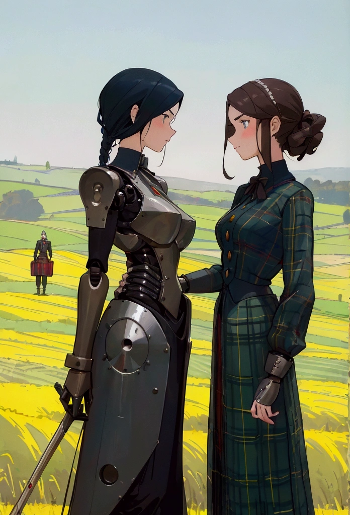In the fields,A woman standing next to a robot, Italian Fashion, Tartan Clothing, Classic Animation, Scott Robertson, Two models in the framework, Victorian Photographs, Two Women, Robot Warrior
