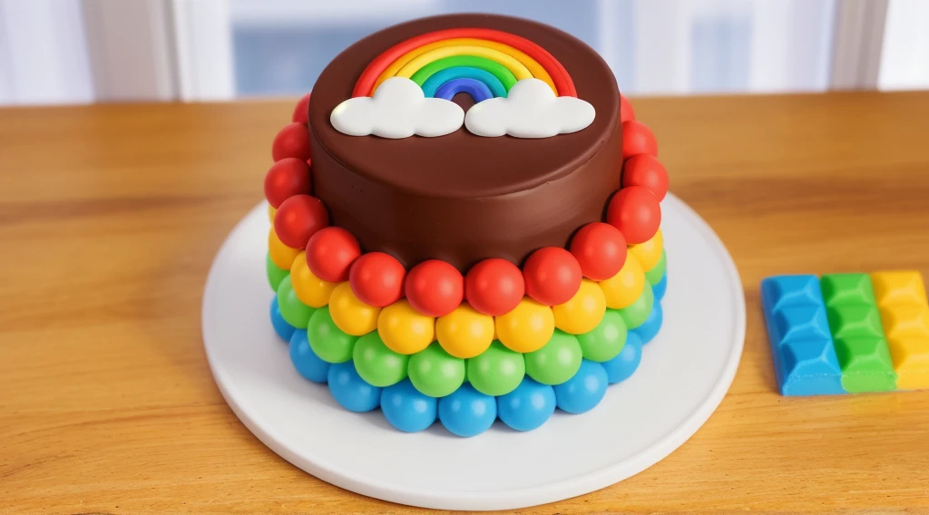 on a wooden table, on a white plate, a chocolate cream cake, candy candies around the cake, a cloud and a rainbow made of polymer clay on the cake, window light, bright lights, soft light, window light, professional lighting, light from the window, neat light, realistic texture, realistic style, detailed texture, high quality, high resolution, high quality rendering, realistic photo, brightning light, macro photo